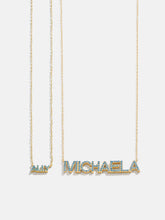 18K Gold Birthstone Custom Nameplate Necklace - Blue Zircon