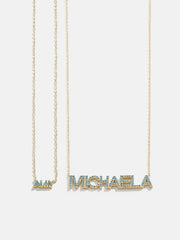 18K Gold Birthstone Custom Nameplate Necklace - Blue Zircon